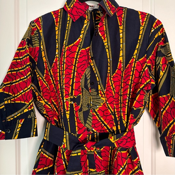 Grass-Field Button Down Dress Red Navy Bird Palm size UK14, US 10 - Picture 3 of 12